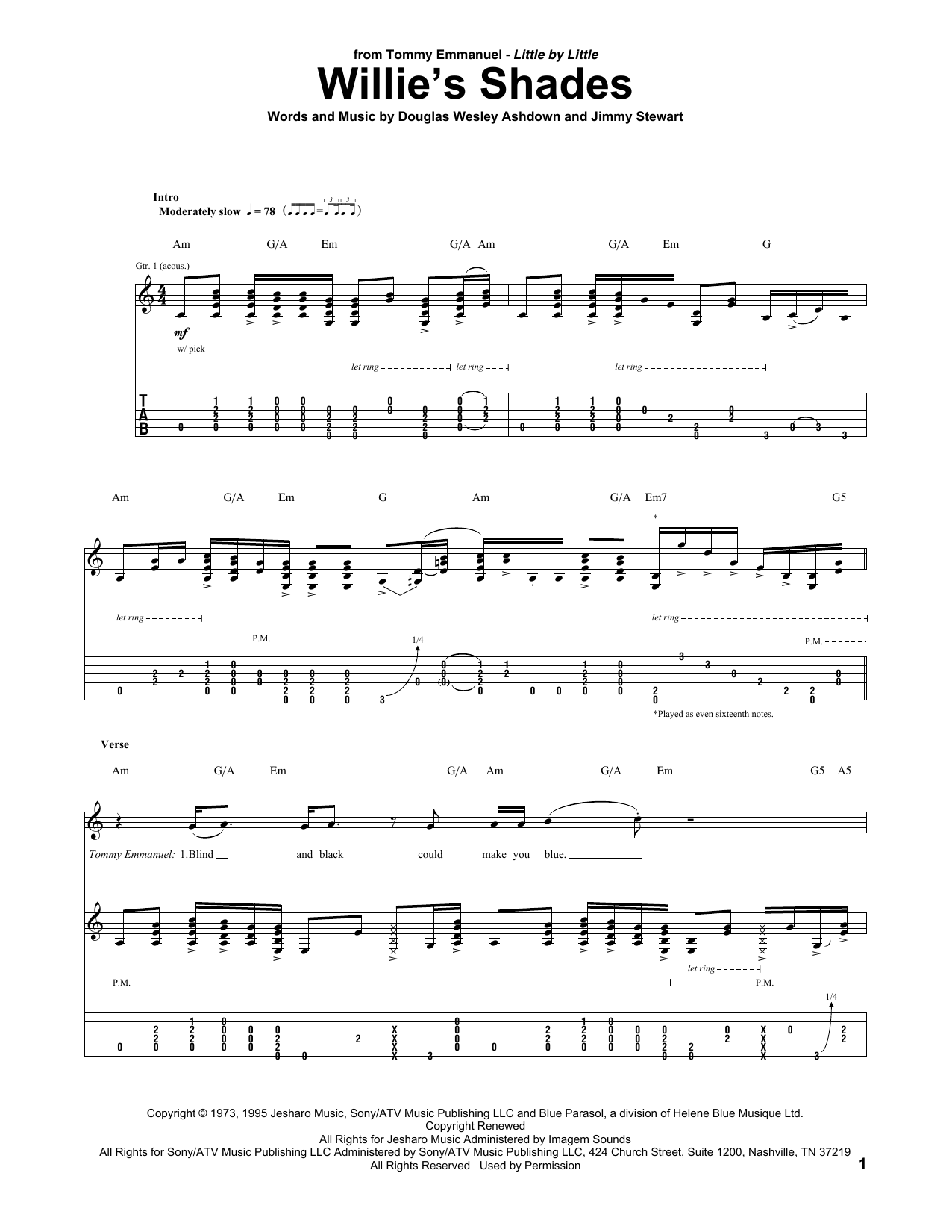 Tommy Emmanuel Willie's Shades sheet music notes and chords arranged for Guitar Tab
