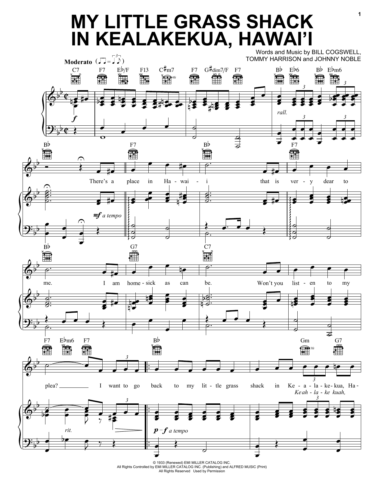 Tommy Harrison My Little Grass Shack In Kealakekua, Hawaii sheet music notes and chords arranged for Piano, Vocal & Guitar Chords (Right-Hand Melody)