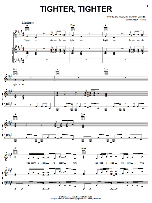Tommy James Tighter And Tighter sheet music notes and chords arranged for Piano, Vocal & Guitar Chords (Right-Hand Melody)