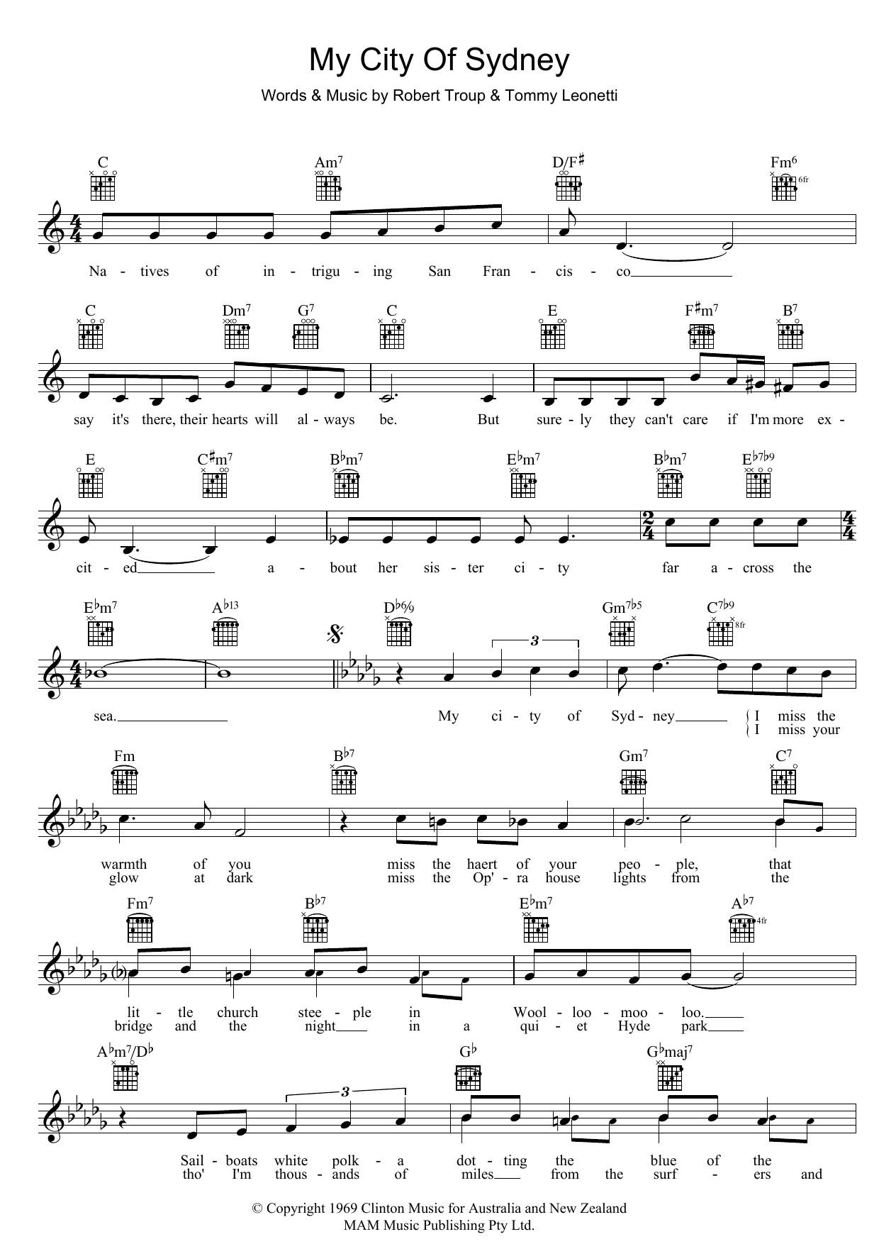 Tommy Leonetti My City Of Sydney sheet music notes and chords arranged for Lead Sheet / Fake Book