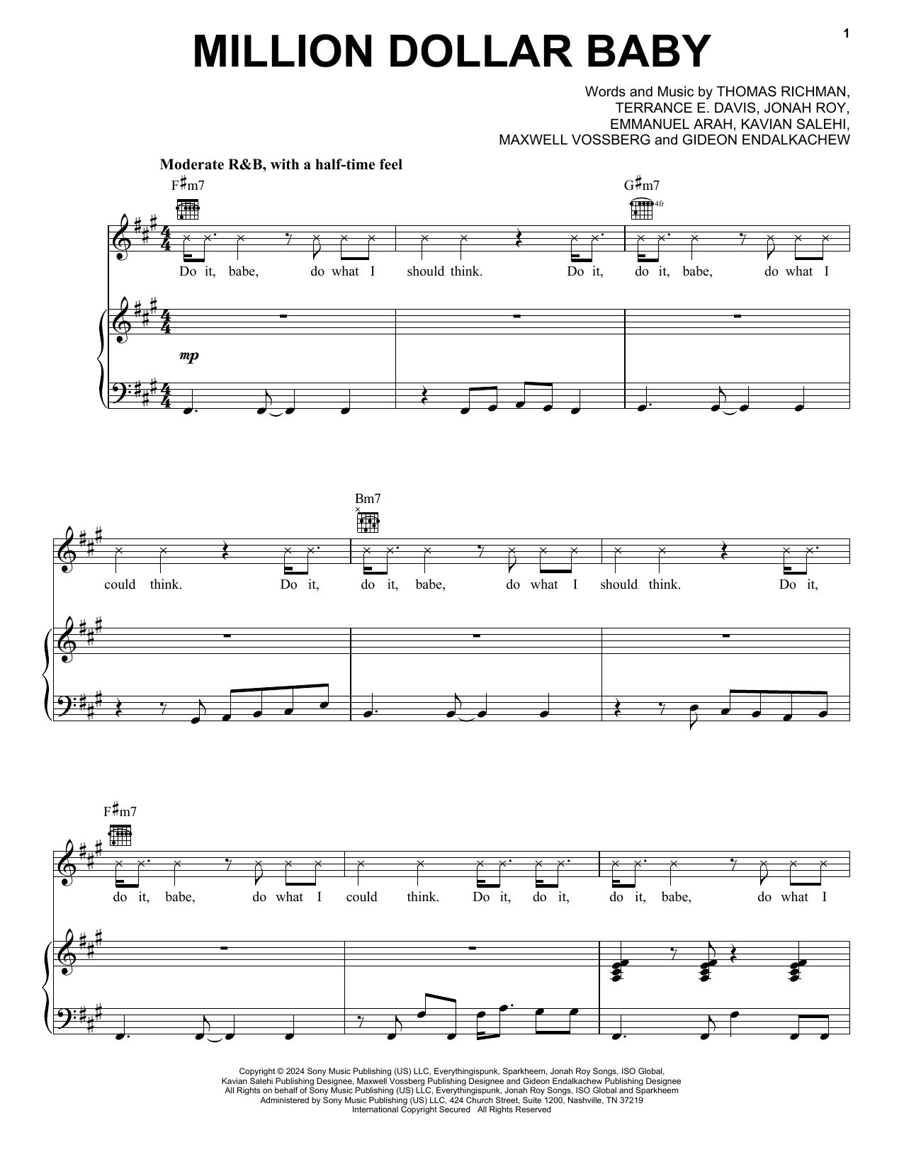 Tommy Richman MILLION DOLLAR BABY sheet music notes and chords arranged for Piano, Vocal & Guitar Chords (Right-Hand Melody)