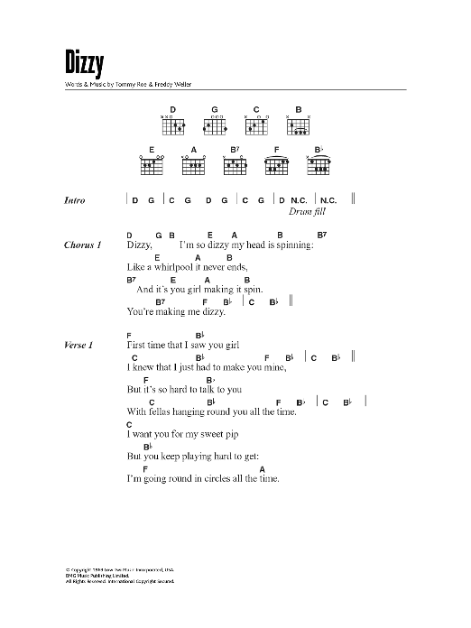 Tommy Roe Dizzy sheet music notes and chords arranged for Piano Chords/Lyrics