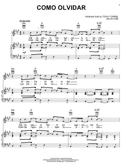 Tommy Torres Como Olvidar sheet music notes and chords arranged for Piano, Vocal & Guitar Chords (Right-Hand Melody)