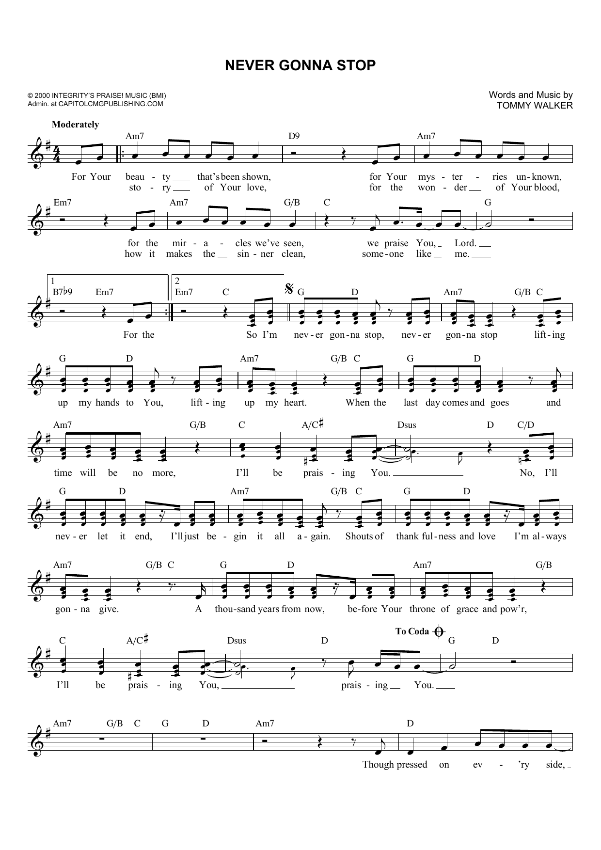 Tommy Walker Never Gonna Stop sheet music notes and chords arranged for Lead Sheet / Fake Book