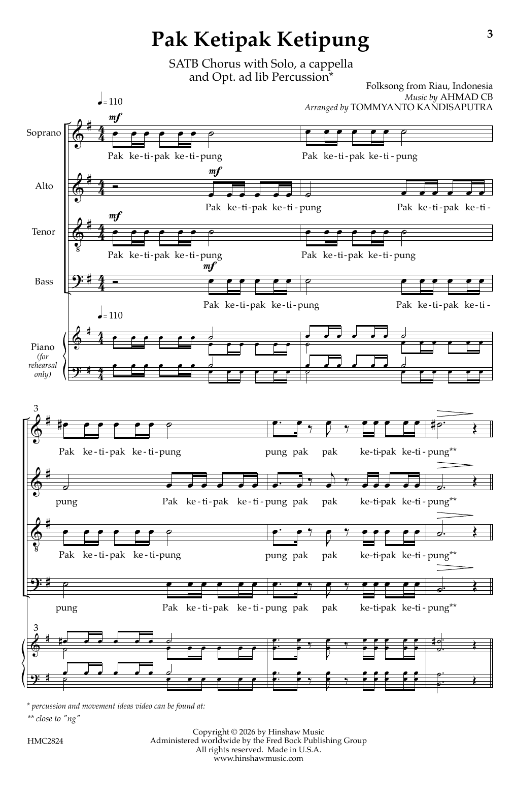 Tommyanto Kandisaputra Pak Ketipak Ketipung sheet music notes and chords arranged for SAB Choir