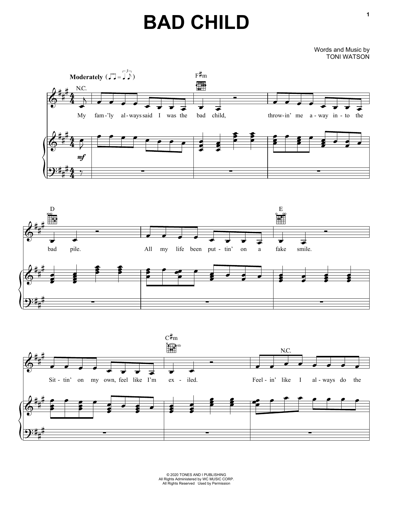 Tones And I Bad Child sheet music notes and chords arranged for Piano, Vocal & Guitar Chords (Right-Hand Melody)