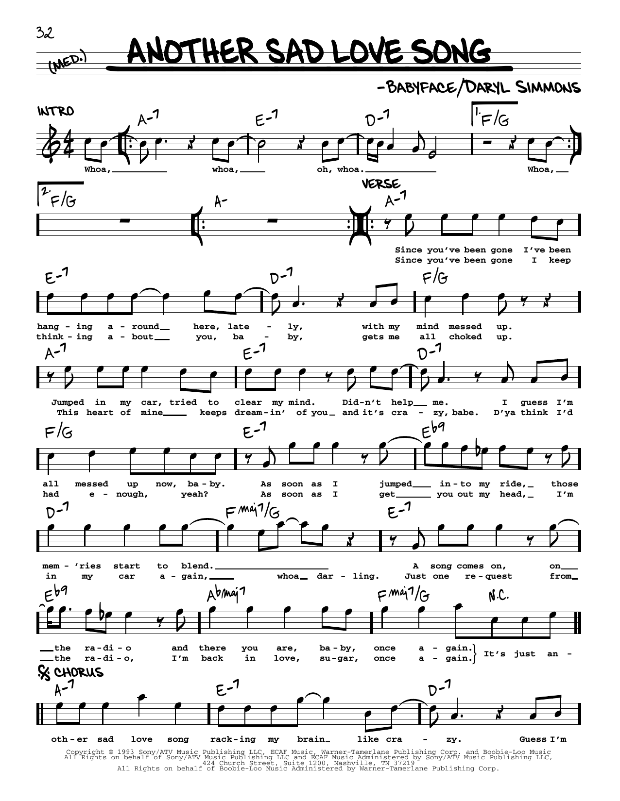 Toni Braxton Another Sad Love Song sheet music notes and chords arranged for Piano, Vocal & Guitar Chords (Right-Hand Melody)