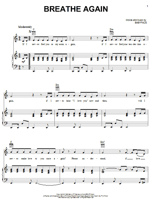 Toni Braxton Breathe Again sheet music notes and chords arranged for Piano, Vocal & Guitar Chords (Right-Hand Melody)