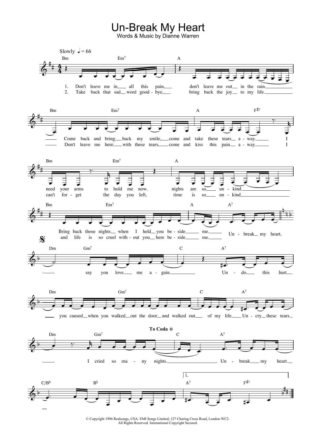Toni Braxton Un-Break My Heart sheet music notes and chords arranged for Lead Sheet / Fake Book