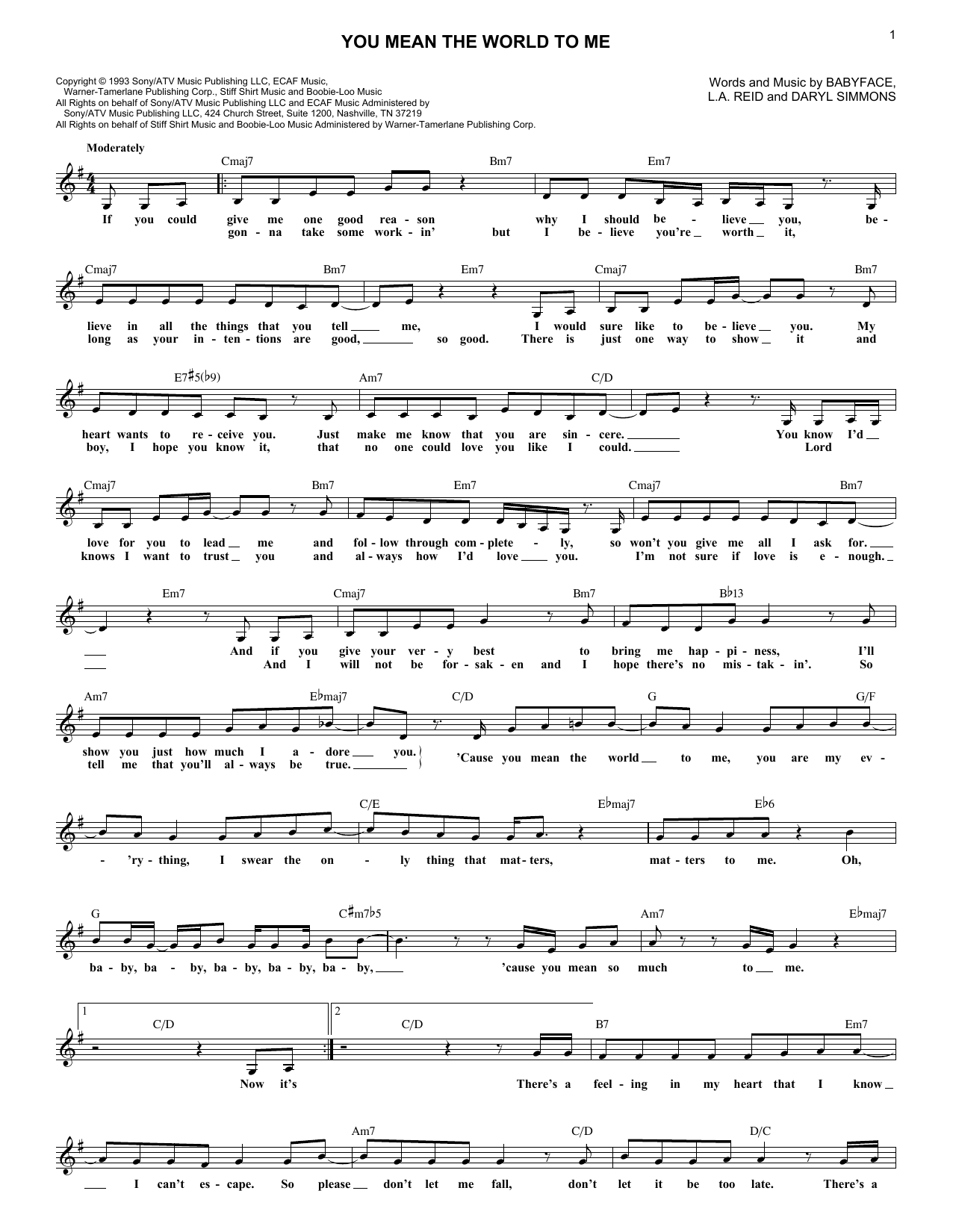 Toni Braxton You Mean The World To Me sheet music notes and chords arranged for Piano, Vocal & Guitar Chords (Right-Hand Melody)