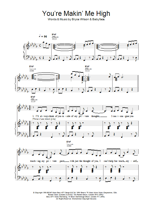 Toni Braxton You're Makin' Me High sheet music notes and chords arranged for Piano, Vocal & Guitar Chords