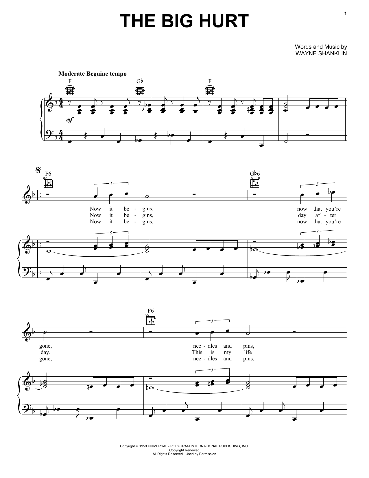 Toni Fisher The Big Hurt sheet music notes and chords arranged for Piano, Vocal & Guitar Chords (Right-Hand Melody)