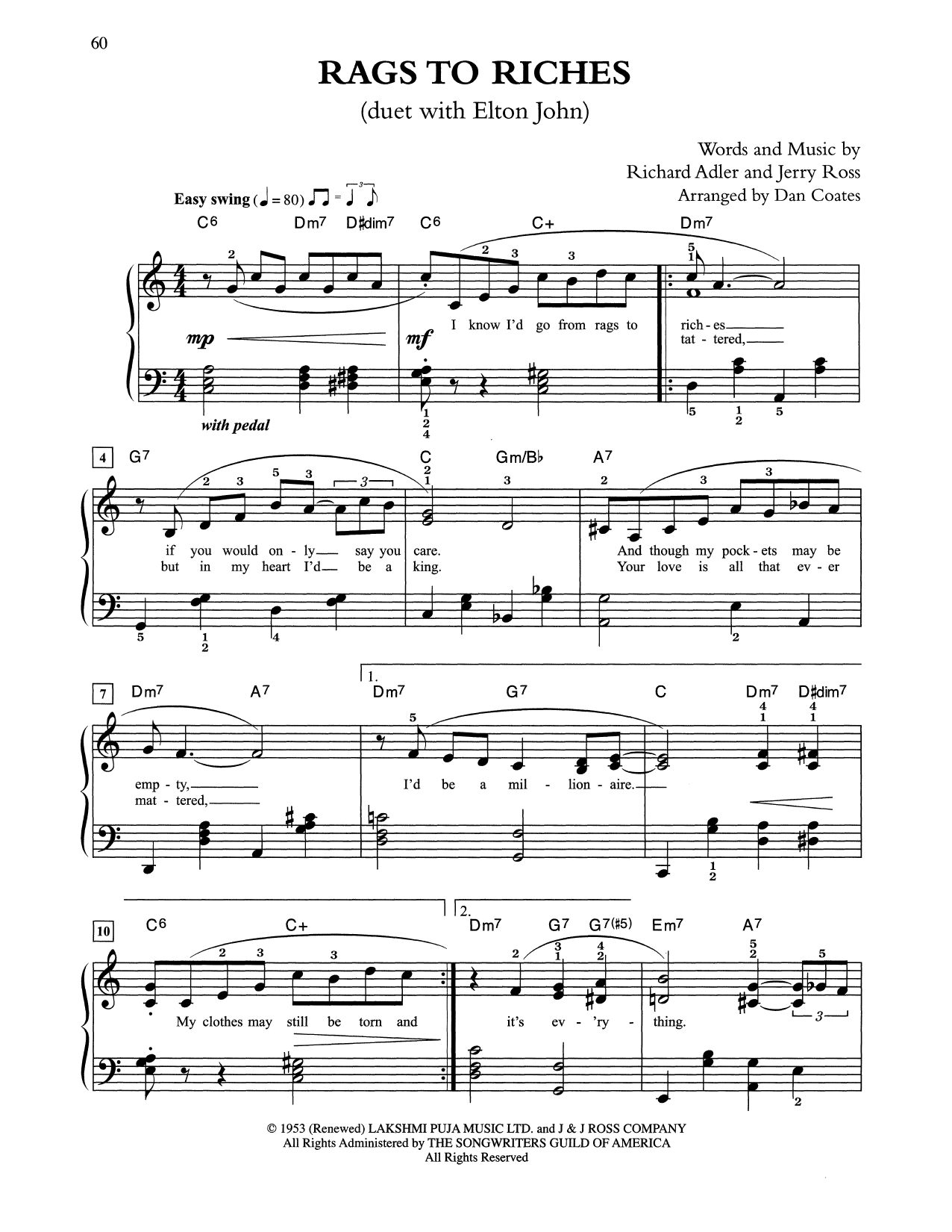 Tony Bennett & Elton John Rags To Riches (arr. Dan Coates) sheet music notes and chords arranged for Easy Piano