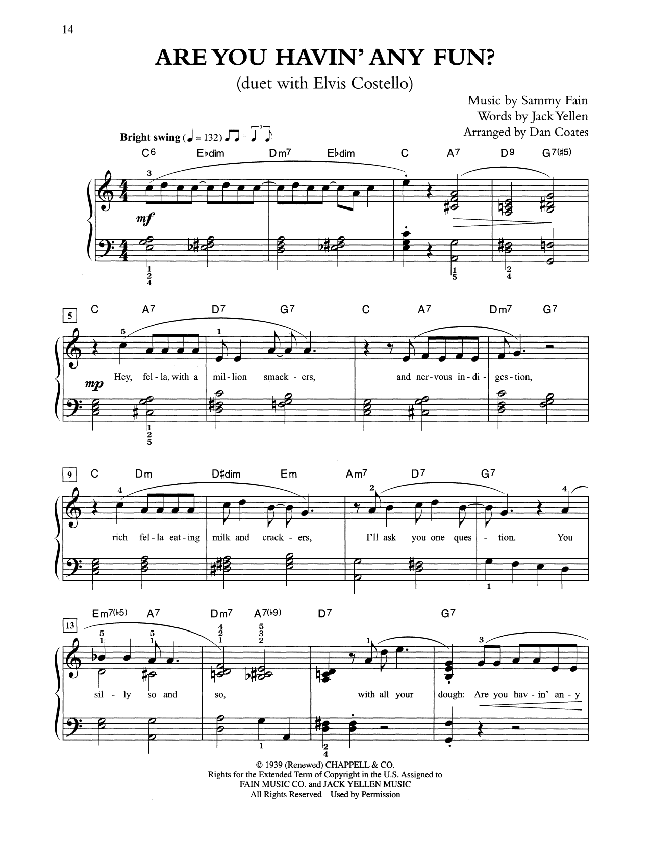Tony Bennett & Elvis Costello Are You Havin' Any Fun? (arr. Dan Coates) sheet music notes and chords arranged for Easy Piano