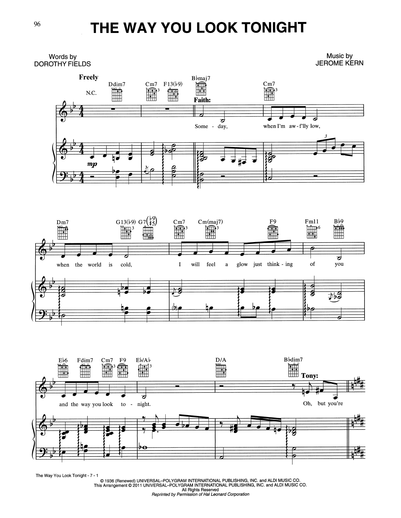 Tony Bennett & Faith Hill The Way You Look Tonight sheet music notes and chords arranged for Piano, Vocal & Guitar Chords (Right-Hand Melody)