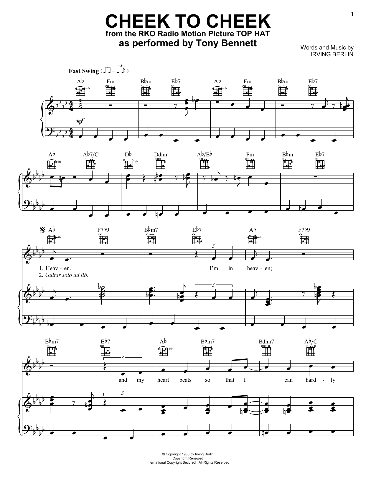 Tony Bennett & George Benson Cheek To Cheek sheet music notes and chords arranged for Piano, Vocal & Guitar Chords (Right-Hand Melody)