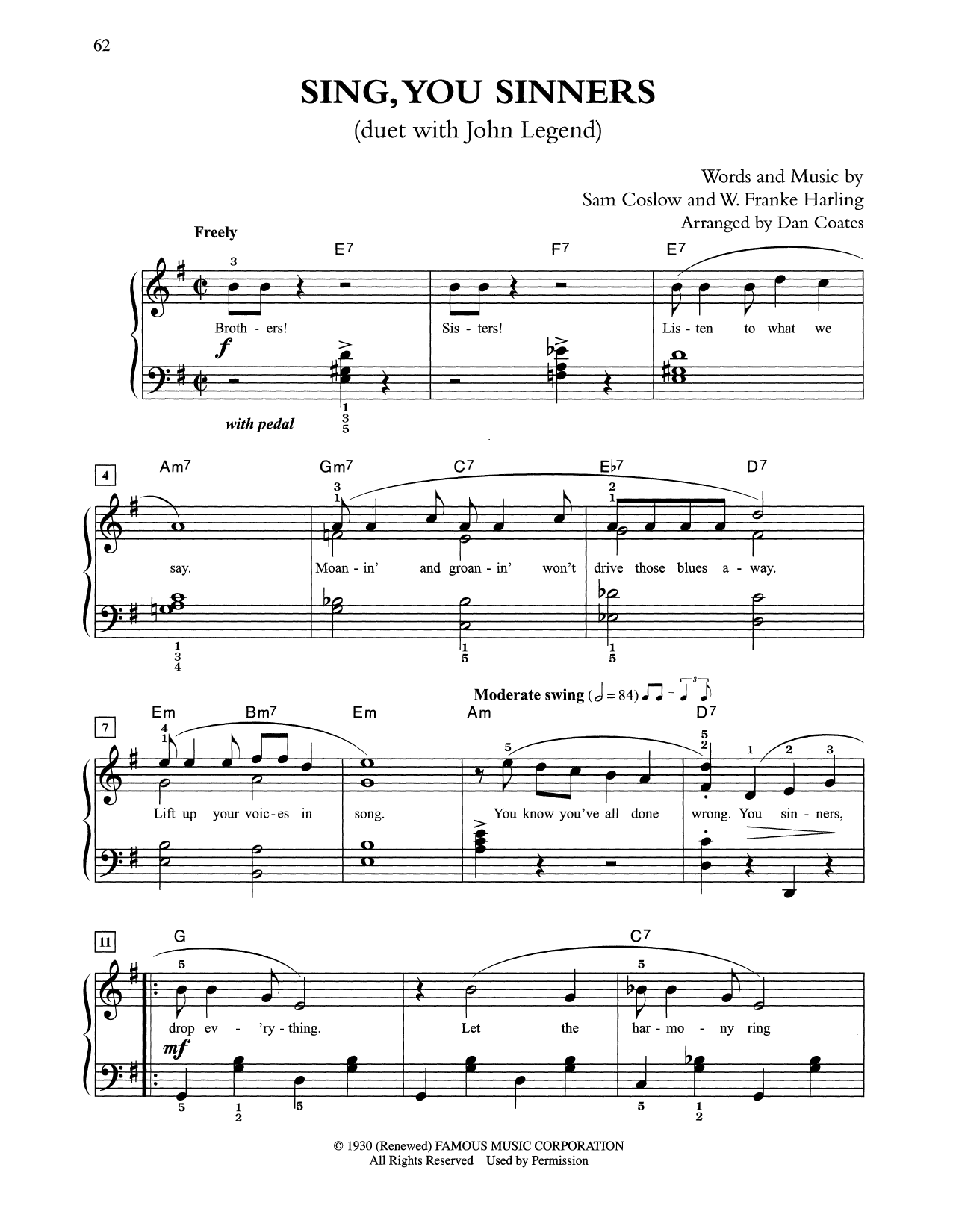 Tony Bennett & John Legend Sing, You Sinners (arr. Dan Coates) sheet music notes and chords arranged for Easy Piano