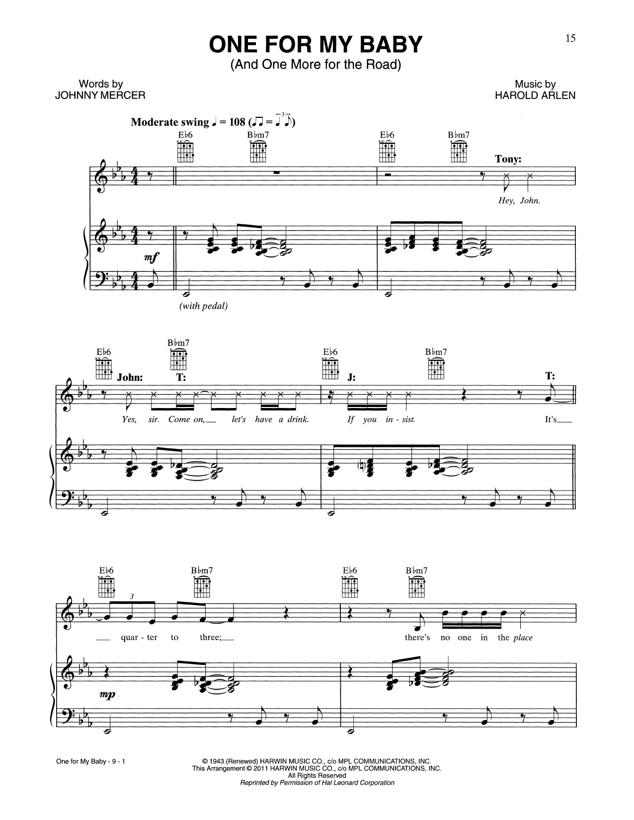 Tony Bennett & John Mayer One For My Baby (And One More For The Road) sheet music notes and chords arranged for Piano, Vocal & Guitar Chords (Right-Hand Melody)