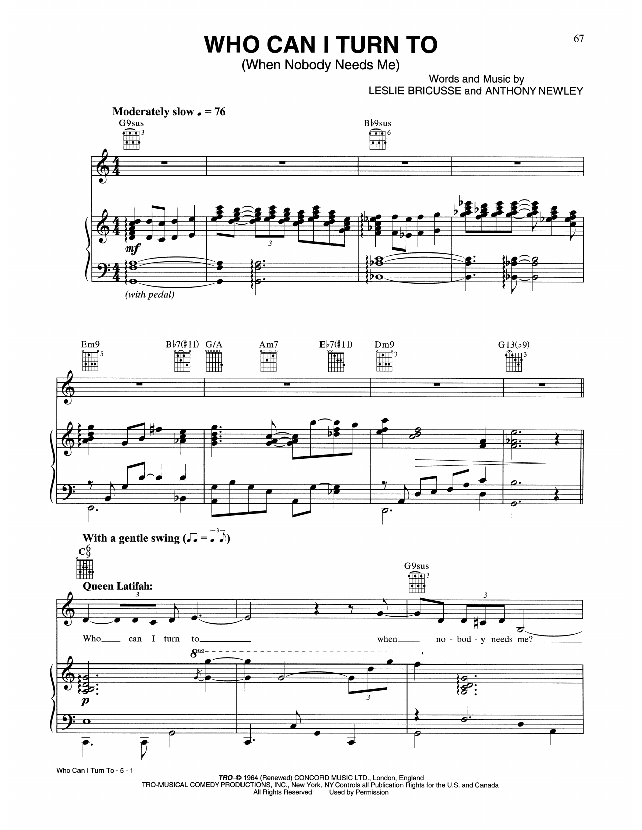Tony Bennett & Queen Latifah Who Can I Turn To (When Nobody Needs Me) sheet music notes and chords arranged for Piano, Vocal & Guitar Chords (Right-Hand Melody)