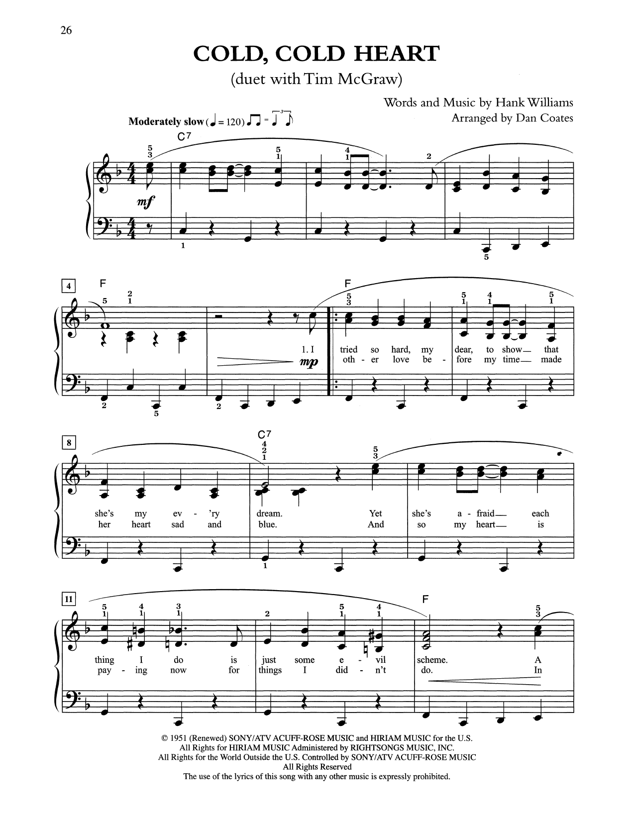 Tony Bennett & Tim McGraw Cold, Cold Heart (arr. Dan Coates) sheet music notes and chords arranged for Easy Piano