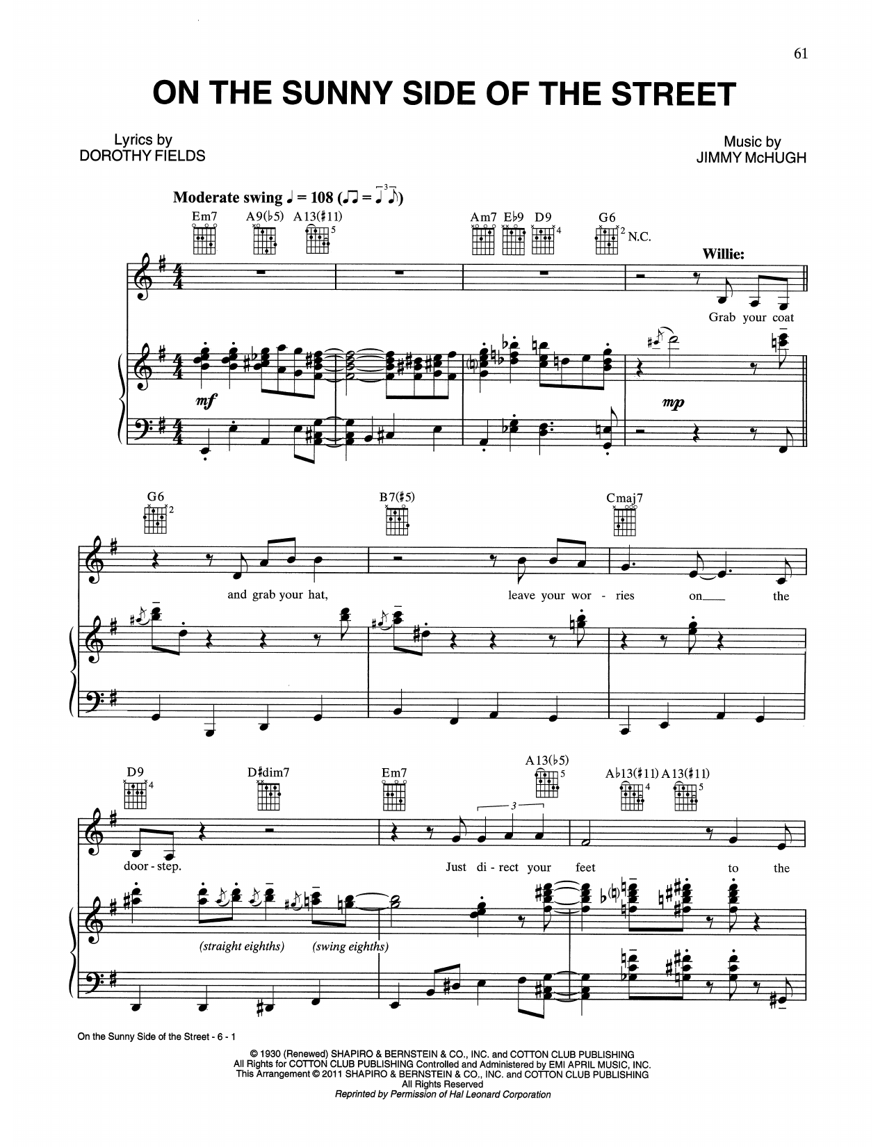 Tony Bennett & Willie Nelson On The Sunny Side Of The Street sheet music notes and chords arranged for Piano, Vocal & Guitar Chords (Right-Hand Melody)