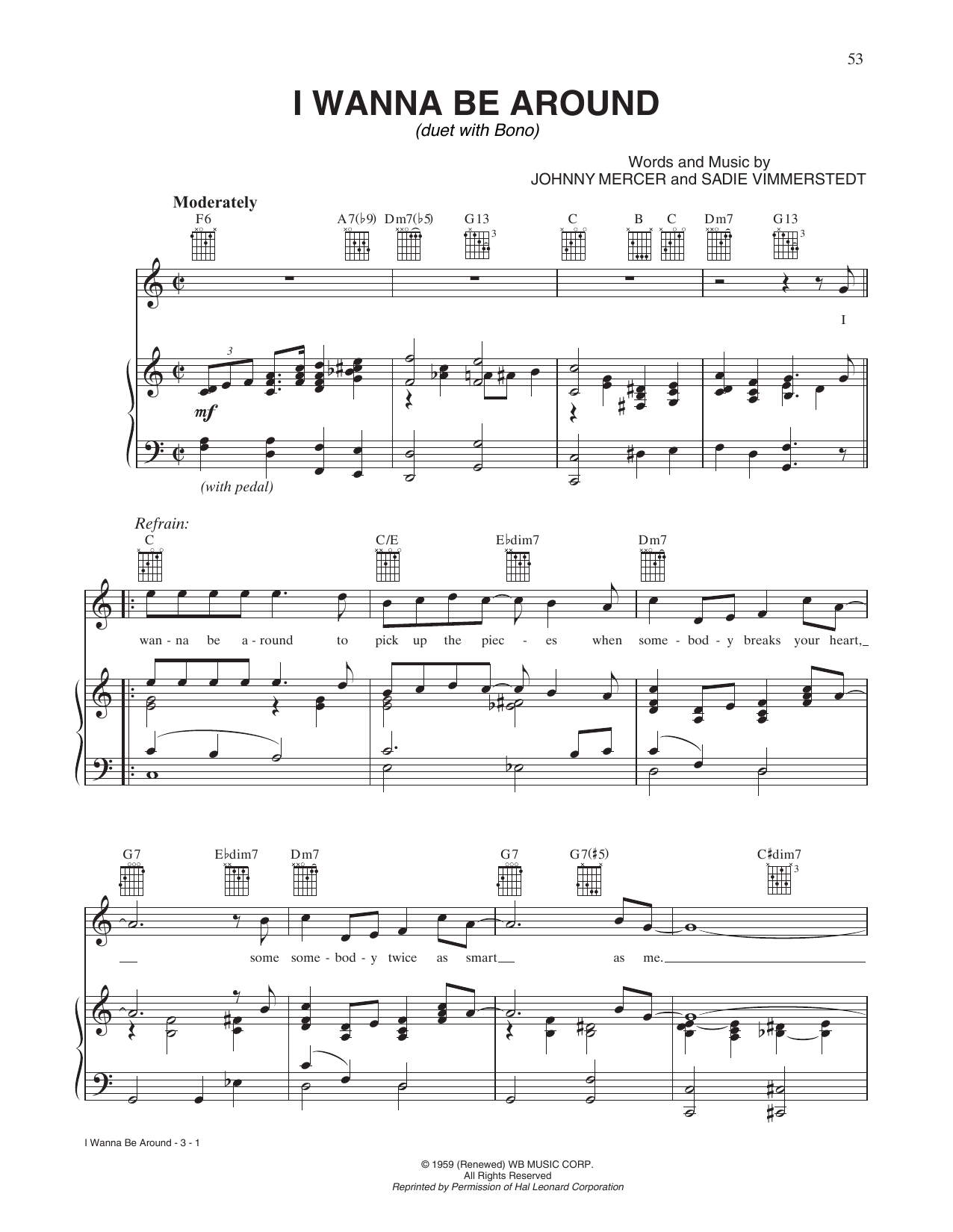 Tony Bennett and Bono I Wanna Be Around sheet music notes and chords arranged for Piano, Vocal & Guitar Chords (Right-Hand Melody)