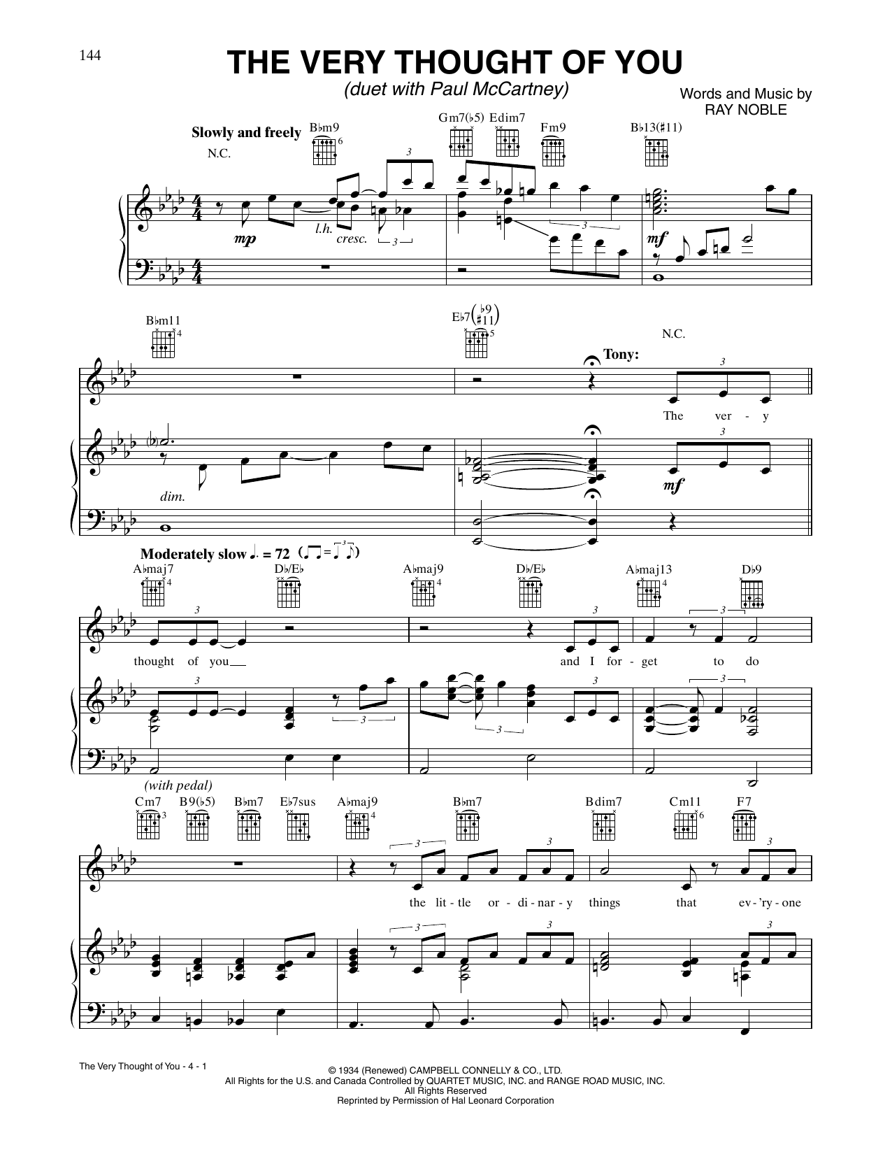 Tony Bennett and Paul McCartney The Very Thought Of You sheet music notes and chords arranged for Piano, Vocal & Guitar Chords (Right-Hand Melody)