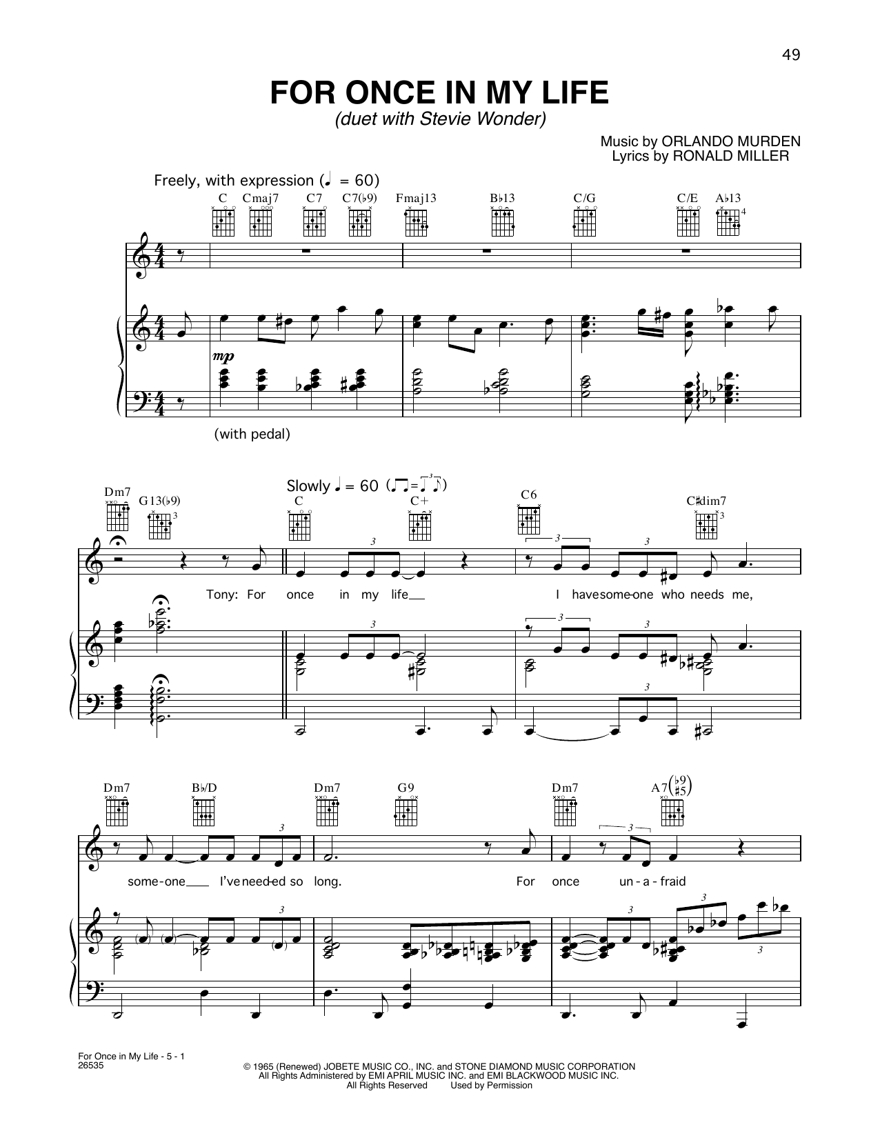 Tony Bennett and Stevie Wonder For Once In My Life sheet music notes and chords arranged for Piano, Vocal & Guitar Chords (Right-Hand Melody)