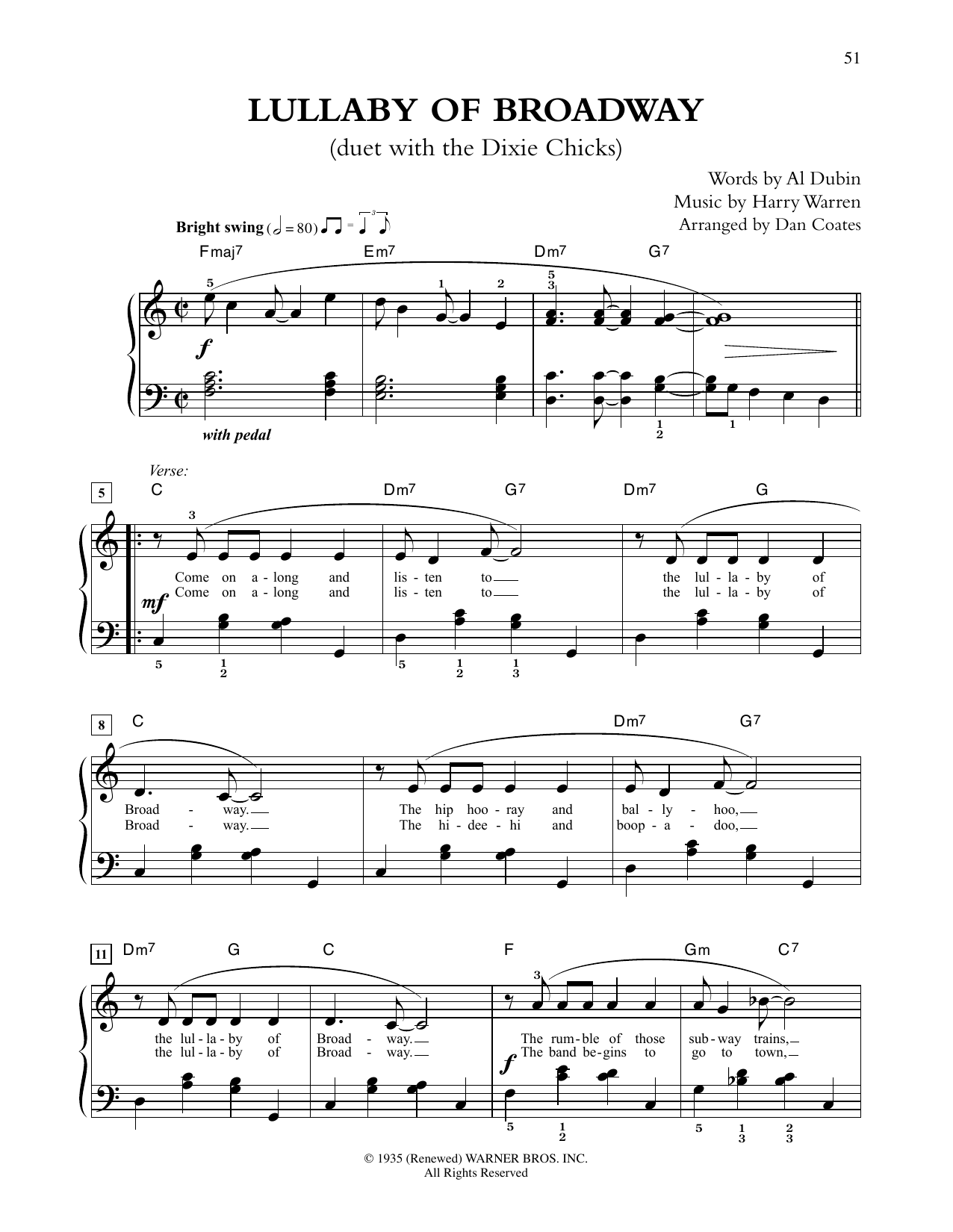 Tony Bennett and The Chicks Lullaby Of Broadway (from Gold Diggers of 1935) (arr. Dan Coates) sheet music notes and chords arranged for Easy Piano