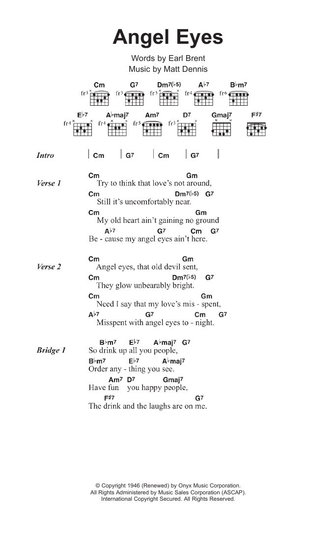 Tony Bennett Angel Eyes sheet music notes and chords arranged for Guitar Chords/Lyrics