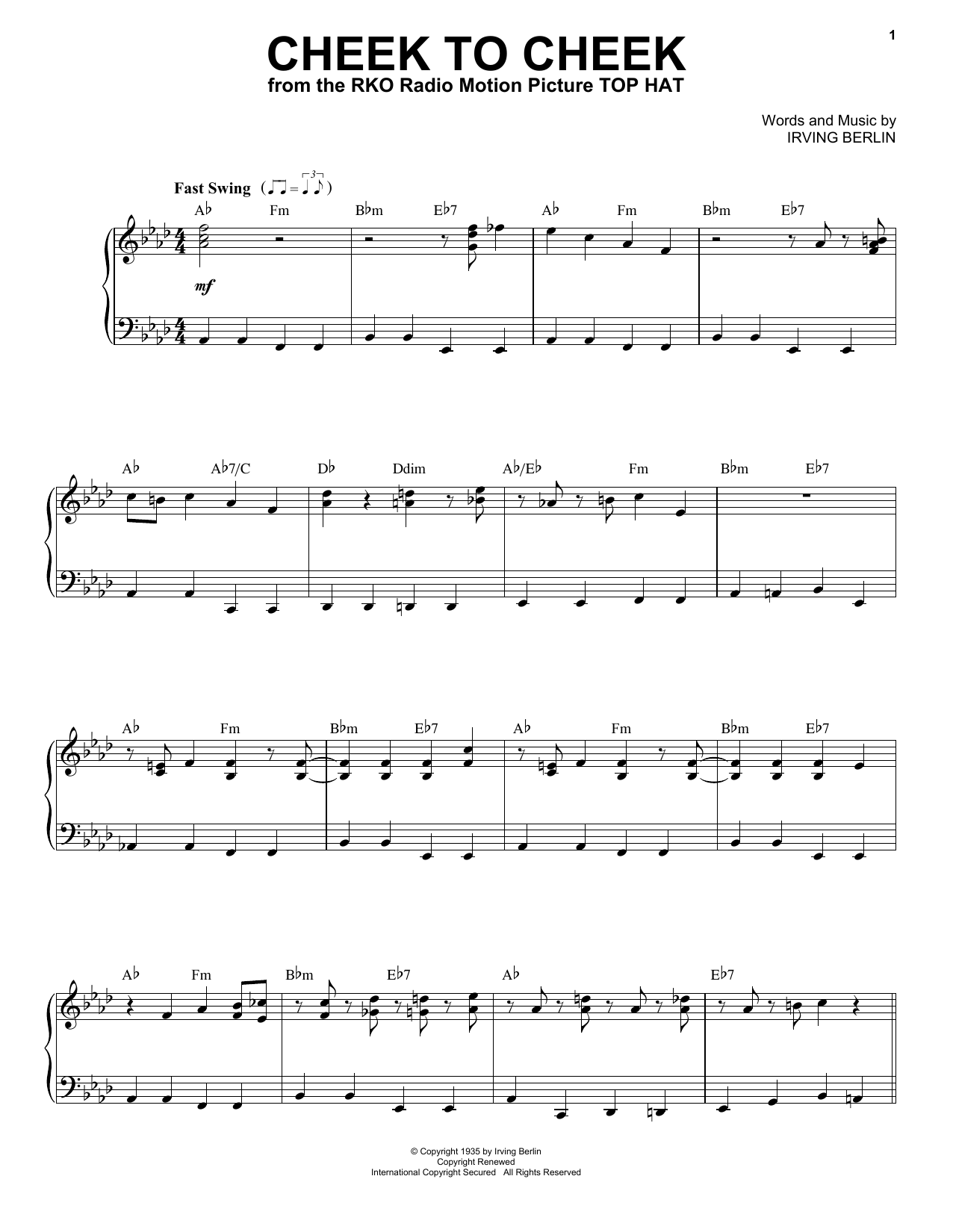 Tony Bennett Cheek To Cheek sheet music notes and chords arranged for Piano & Vocal