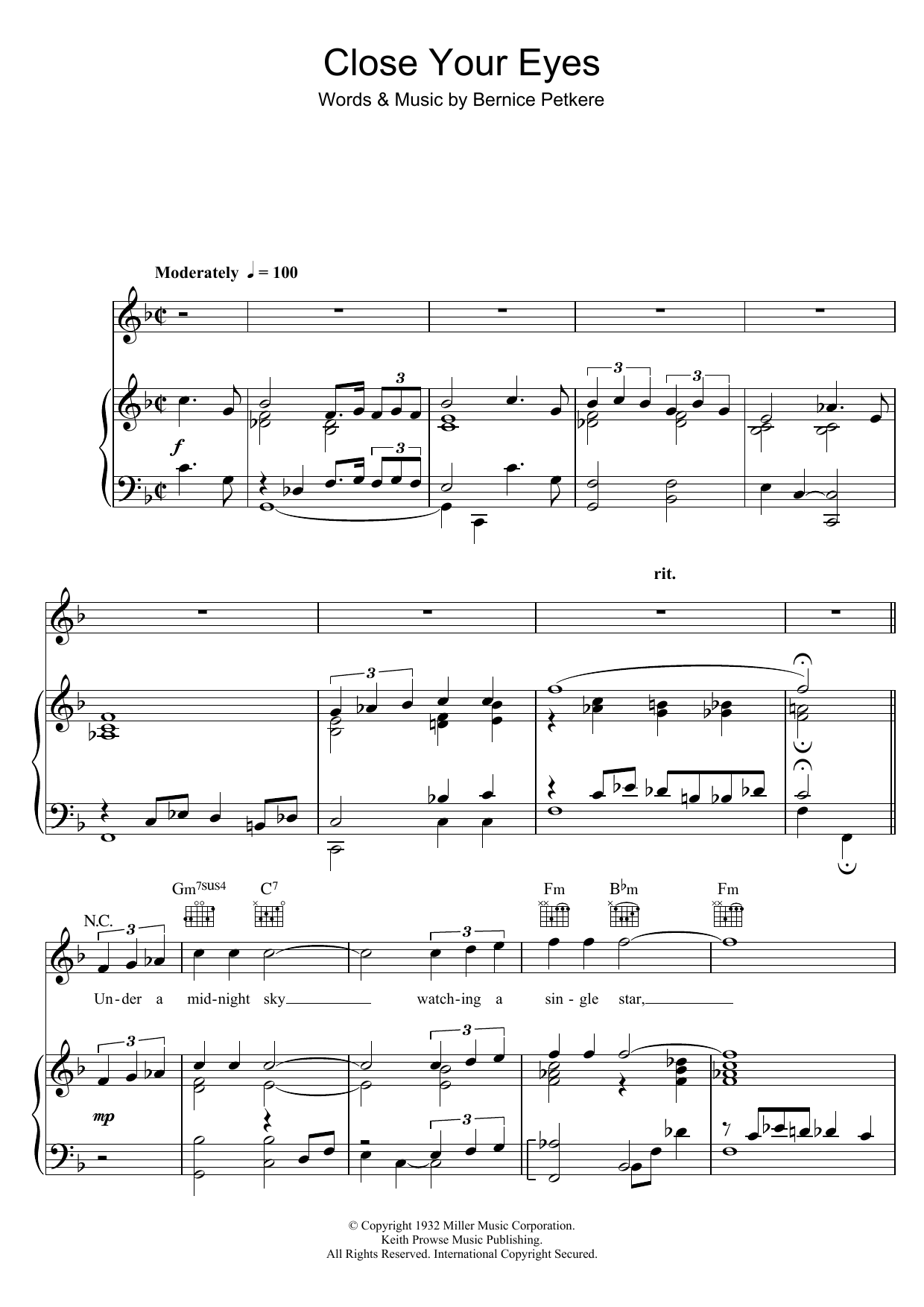 Tony Bennett Close Your Eyes sheet music notes and chords arranged for Piano, Vocal & Guitar Chords