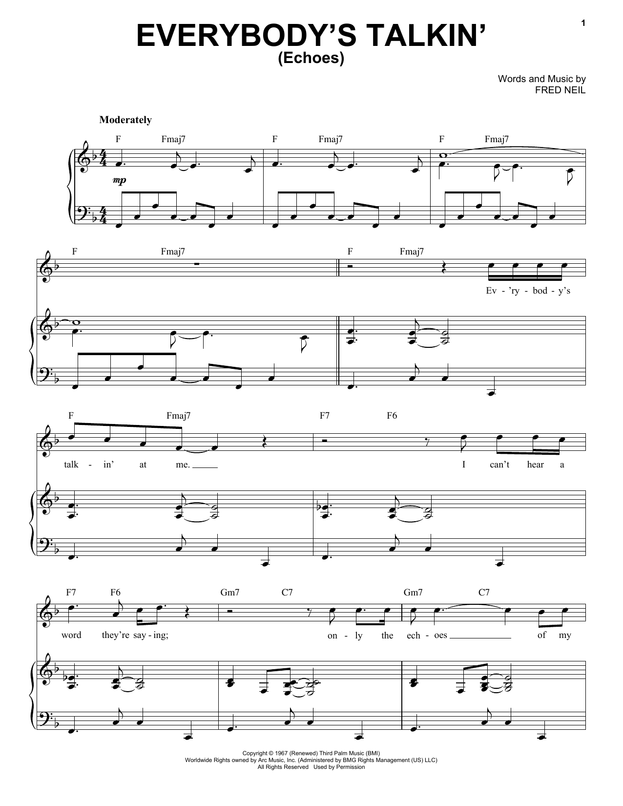 Tony Bennett Everybody's Talkin' (Echoes) sheet music notes and chords arranged for Piano & Vocal