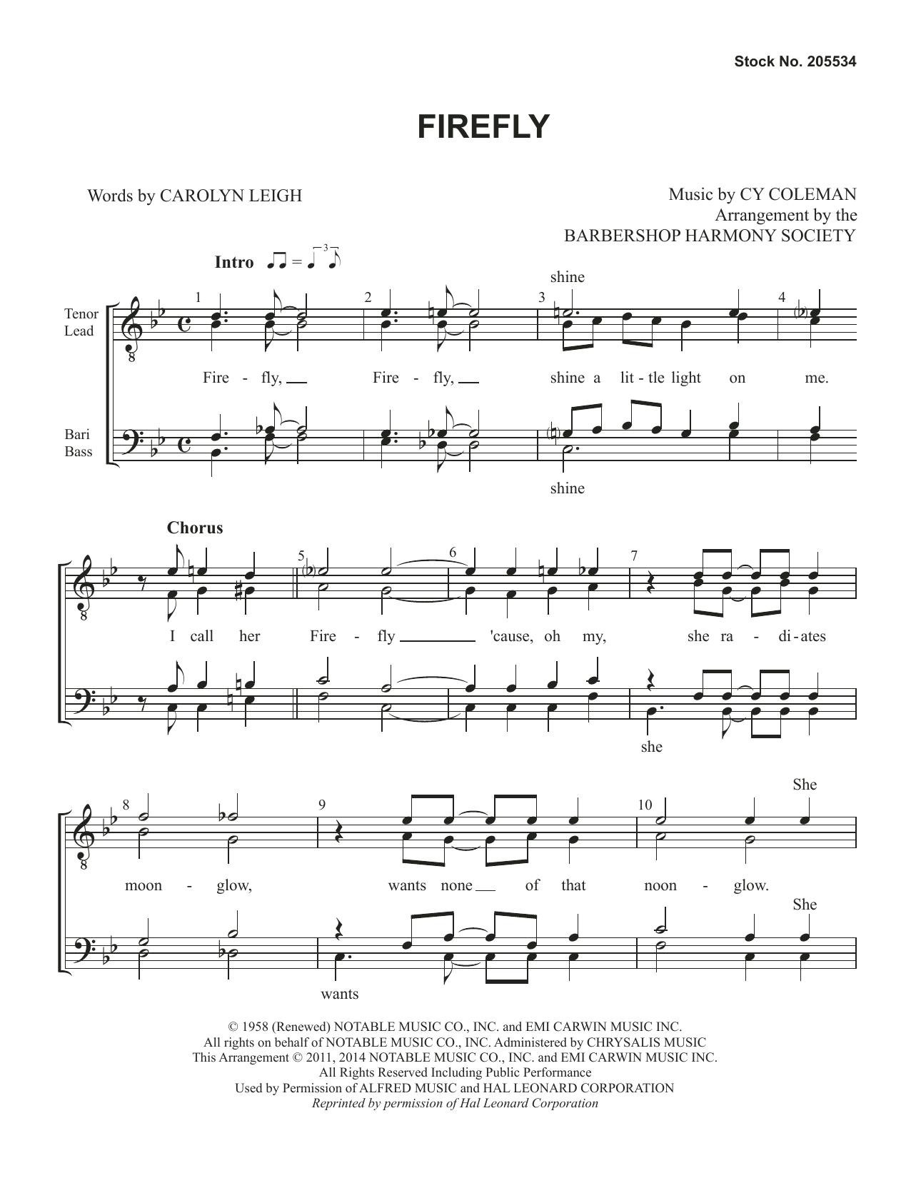 Tony Bennett Firefly (arr. Barbershop Harmony Society) sheet music notes and chords arranged for TTBB Choir
