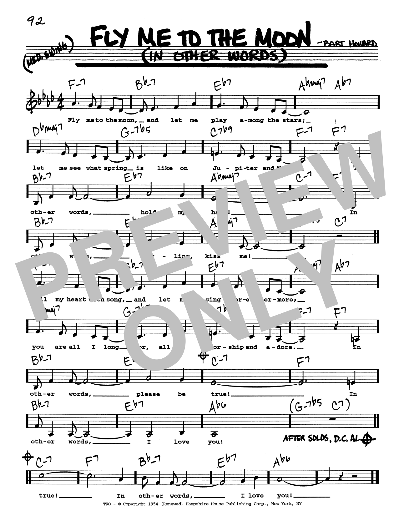 Tony Bennett Fly Me To The Moon (In Other Words) (Low Voice) sheet music notes and chords arranged for Real Book – Melody, Lyrics & Chords