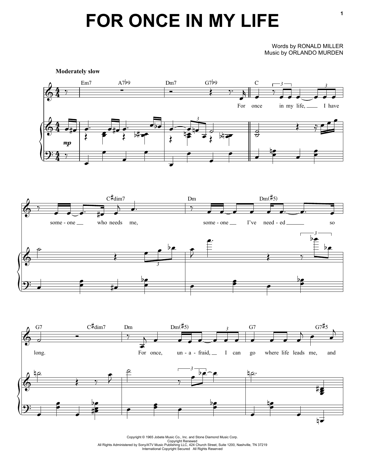 Tony Bennett For Once In My Life sheet music notes and chords arranged for Piano & Vocal