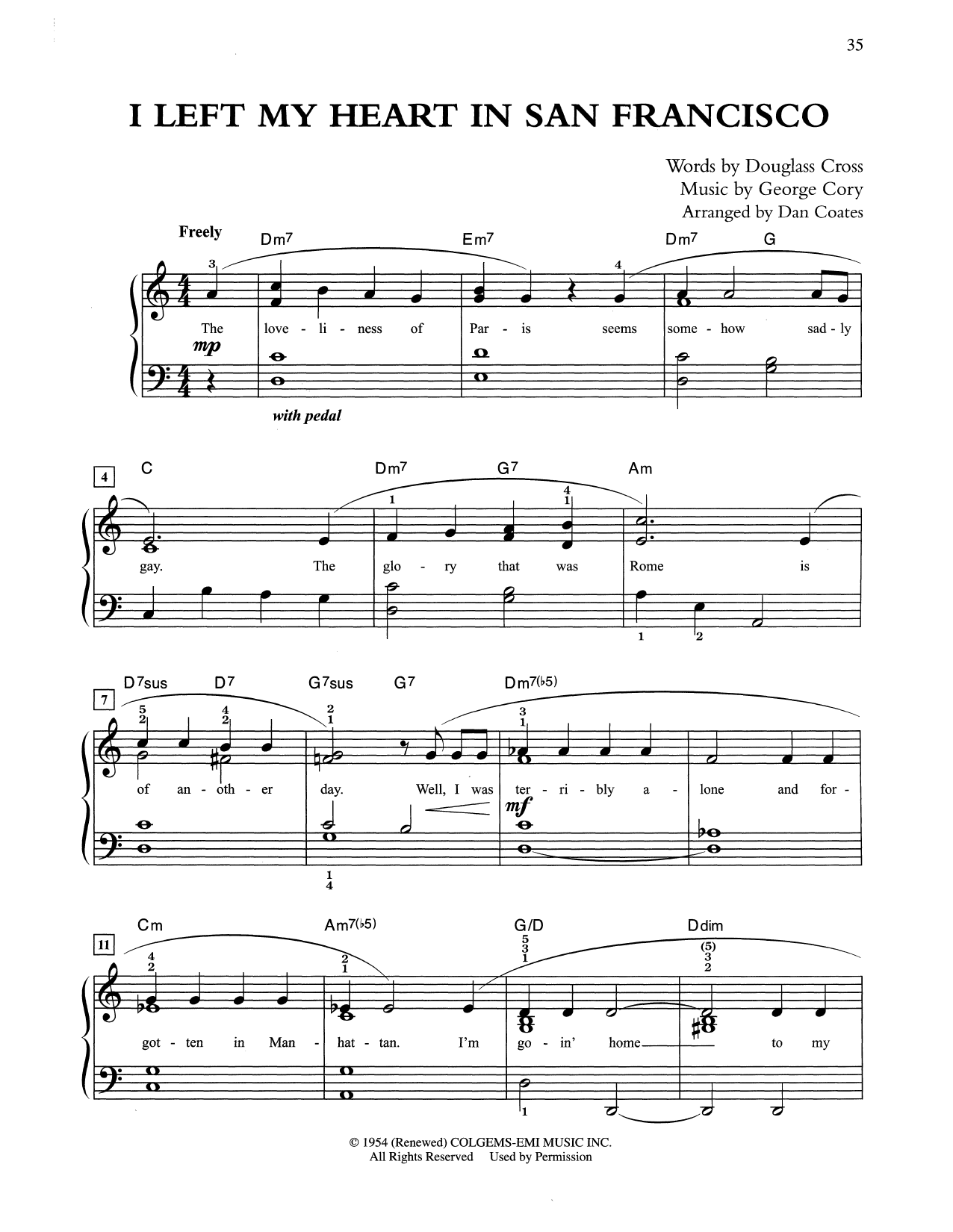 Tony Bennett I Left My Heart In San Francisco (arr. Dan Coates) sheet music notes and chords arranged for Easy Piano