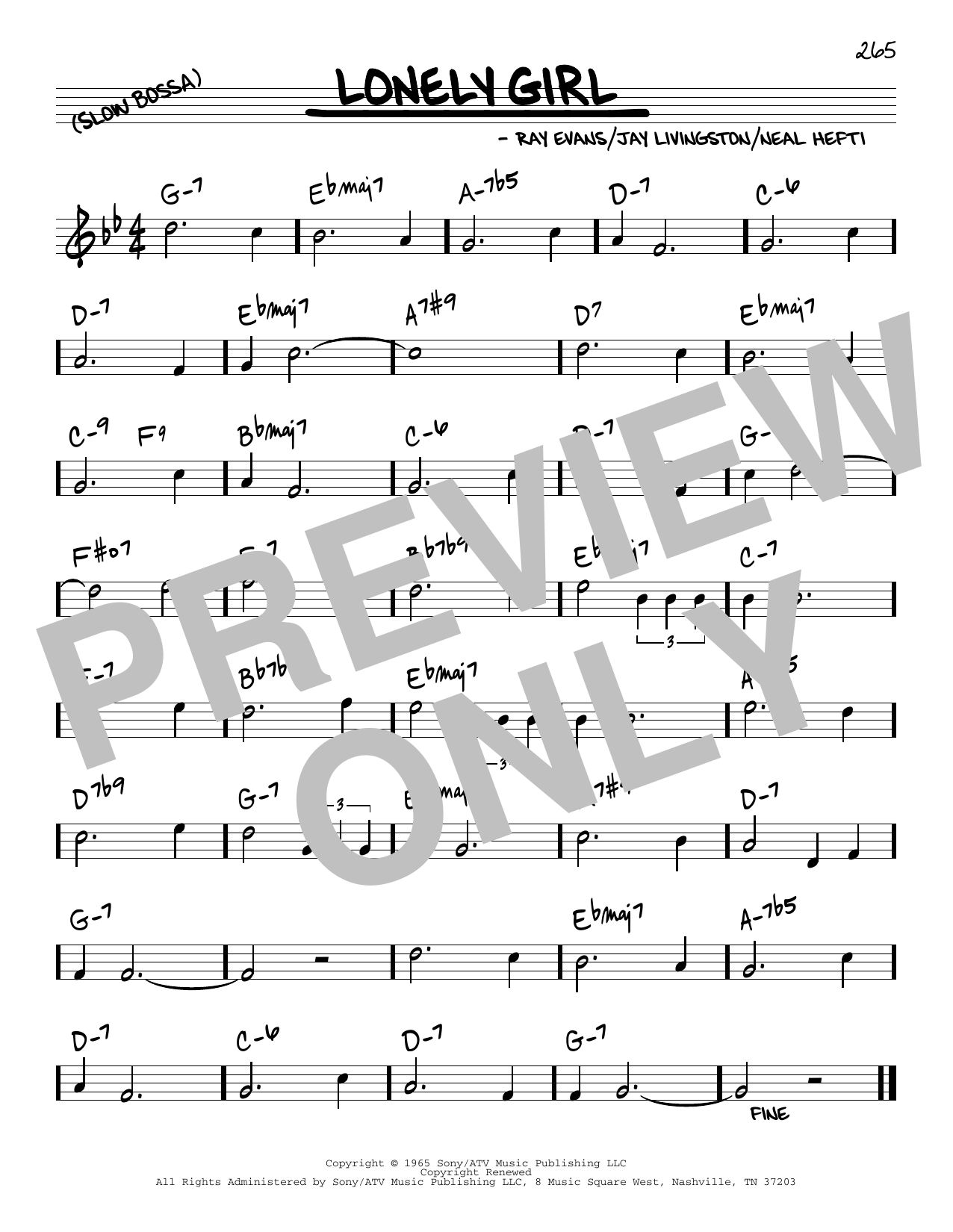 Tony Bennett Lonely Girl sheet music notes and chords arranged for Real Book – Melody & Chords