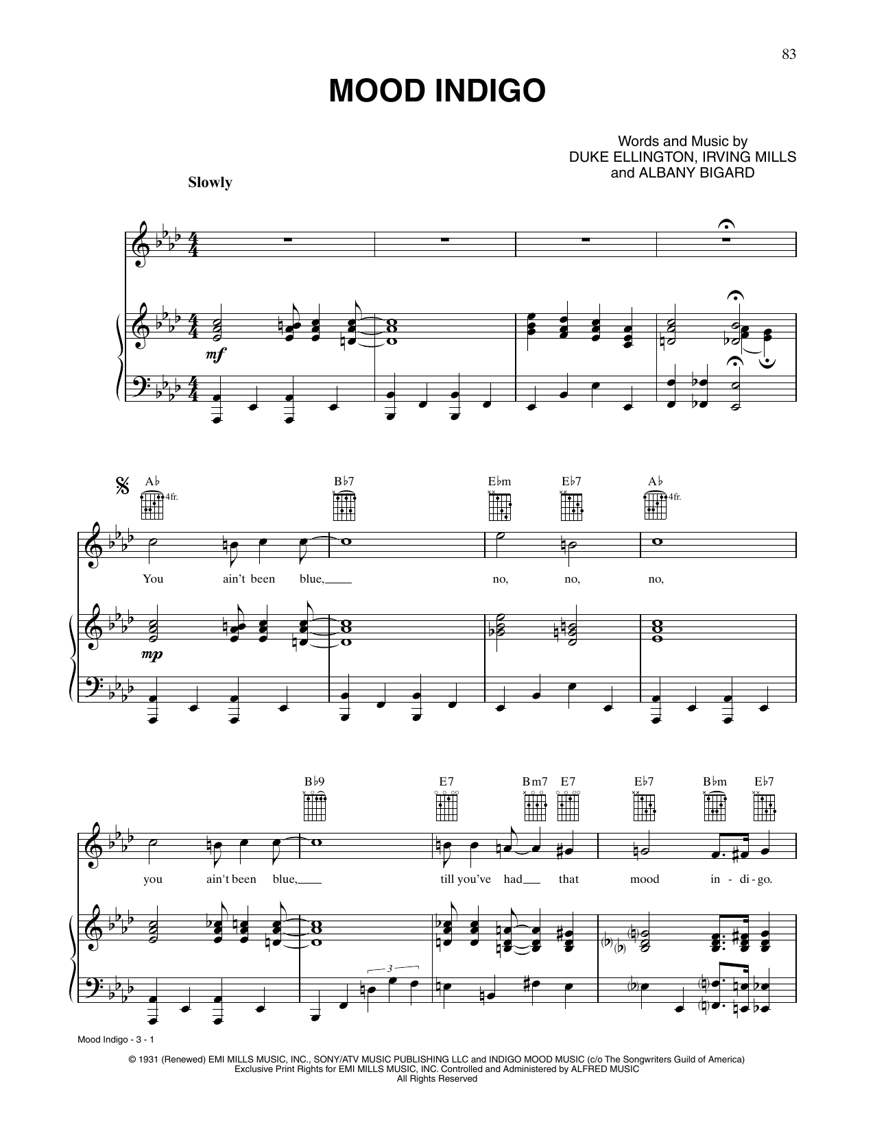 Tony Bennett Mood Indigo sheet music notes and chords arranged for Piano, Vocal & Guitar Chords (Right-Hand Melody)