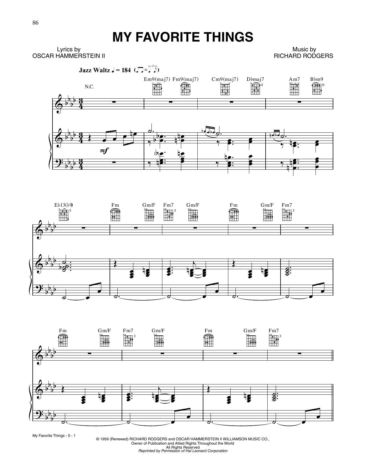Tony Bennett My Favorite Things sheet music notes and chords arranged for Piano, Vocal & Guitar Chords (Right-Hand Melody)