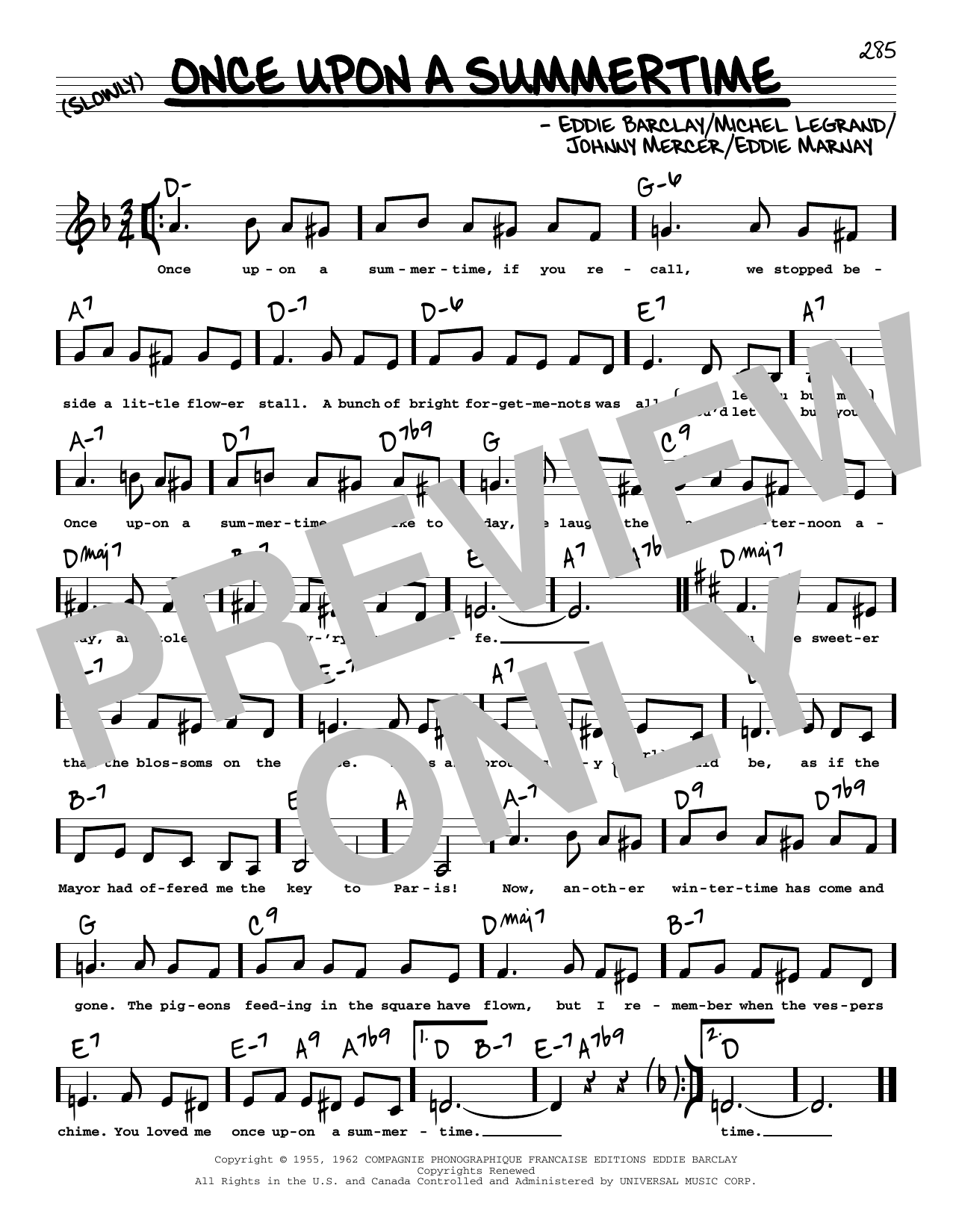 Tony Bennett Once Upon A Summertime (Low Voice) sheet music notes and chords arranged for Real Book – Melody, Lyrics & Chords