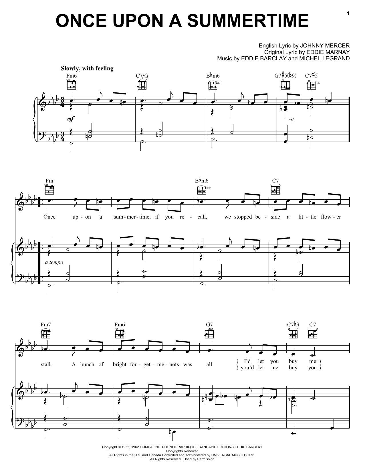 Tony Bennett Once Upon A Summertime sheet music notes and chords arranged for Piano, Vocal & Guitar Chords (Right-Hand Melody)
