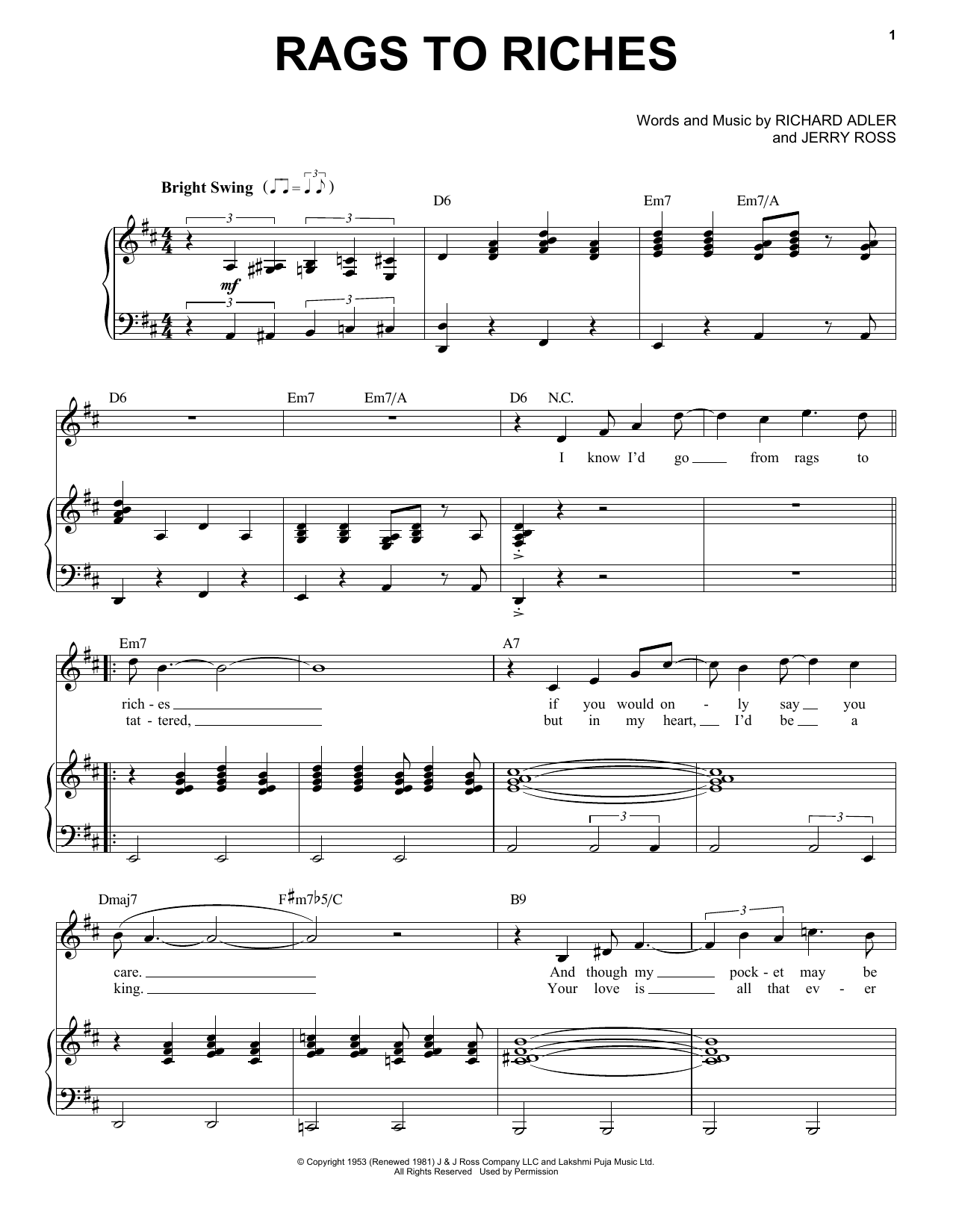 Tony Bennett Rags To Riches sheet music notes and chords arranged for Piano, Vocal & Guitar Chords (Right-Hand Melody)