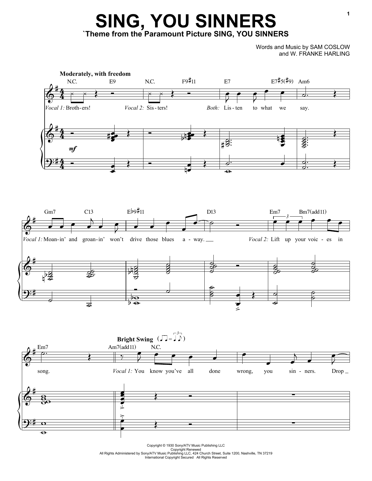 Tony Bennett Sing, You Sinners sheet music notes and chords arranged for Piano & Vocal
