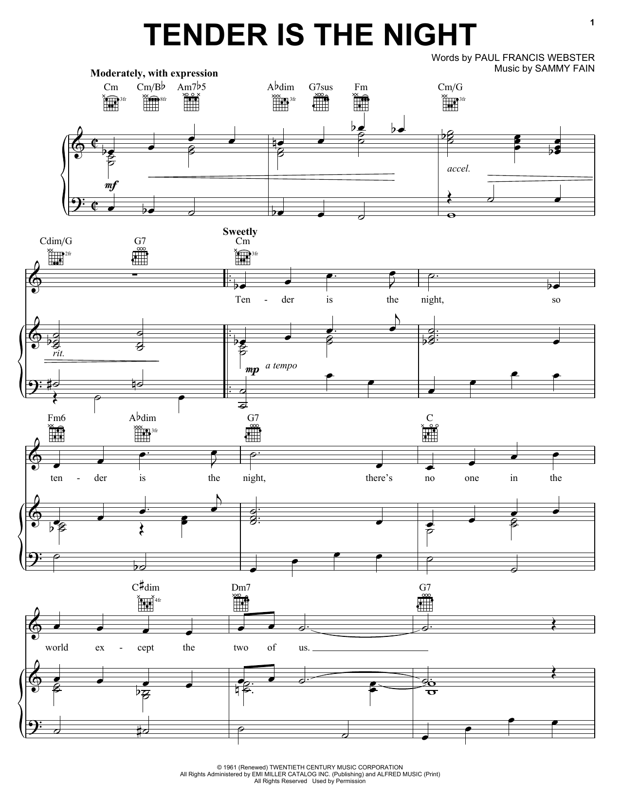 Tony Bennett Tender Is The Night sheet music notes and chords arranged for Piano, Vocal & Guitar Chords (Right-Hand Melody)
