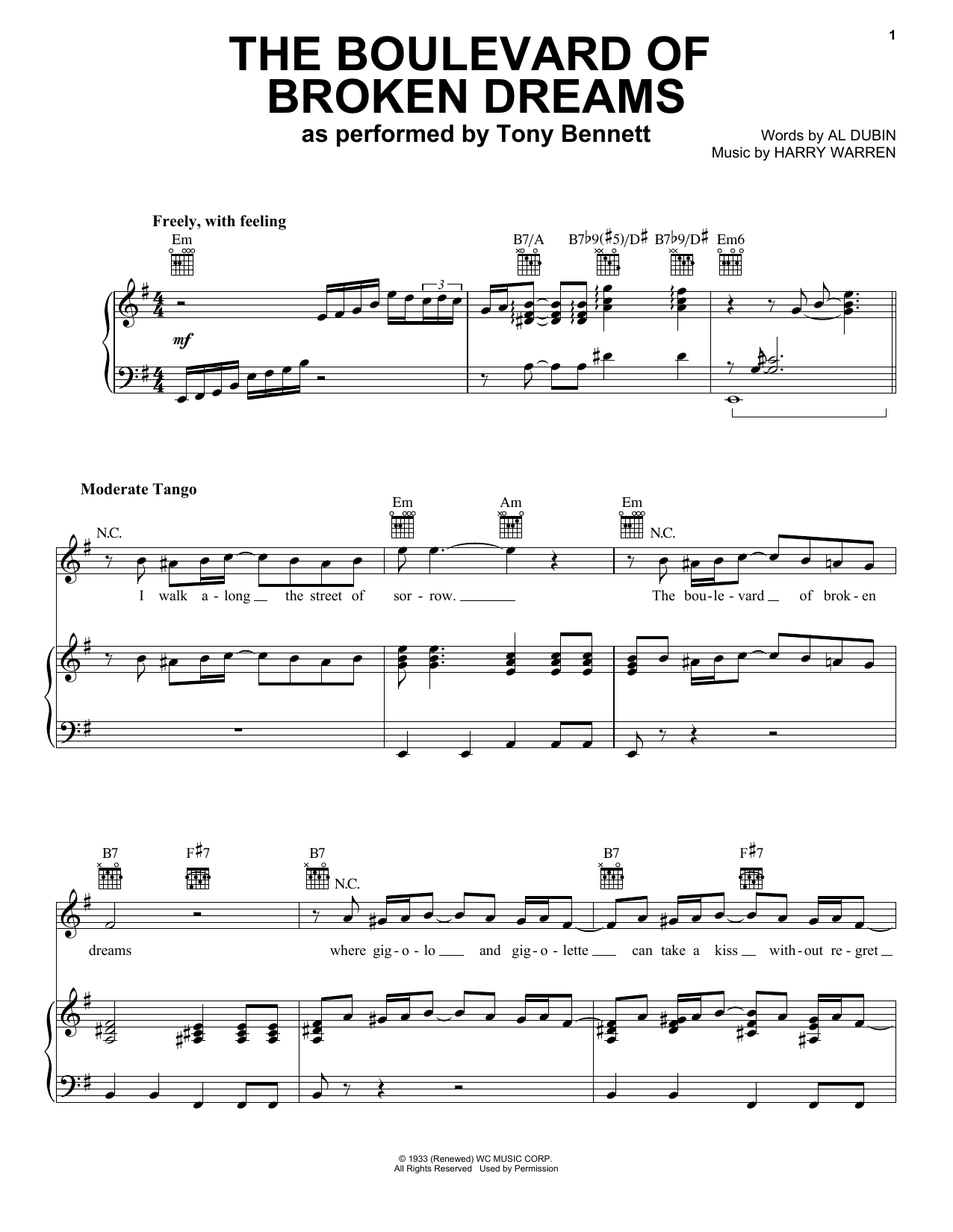 Tony Bennett The Boulevard Of Broken Dreams sheet music notes and chords arranged for Piano, Vocal & Guitar Chords (Right-Hand Melody)