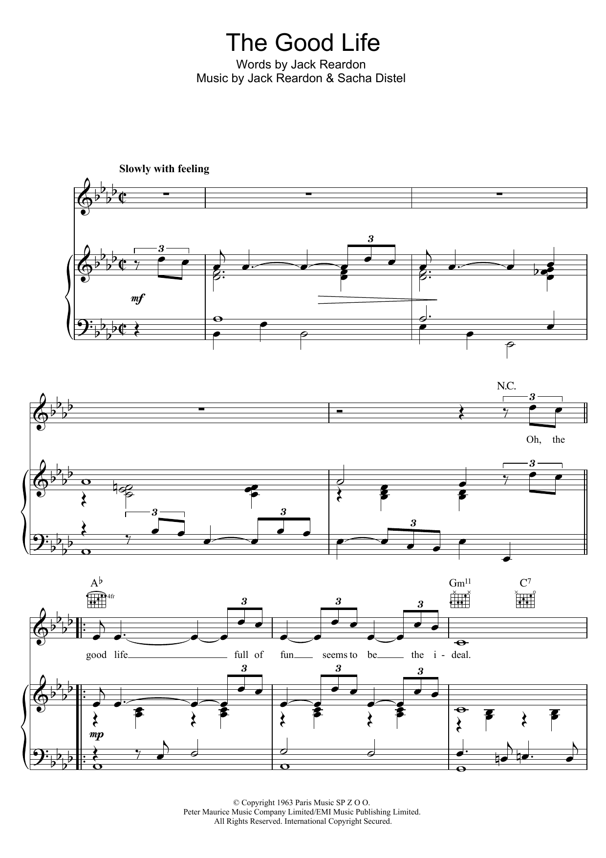 Tony Bennett The Good Life sheet music notes and chords arranged for Piano, Vocal & Guitar Chords (Right-Hand Melody)