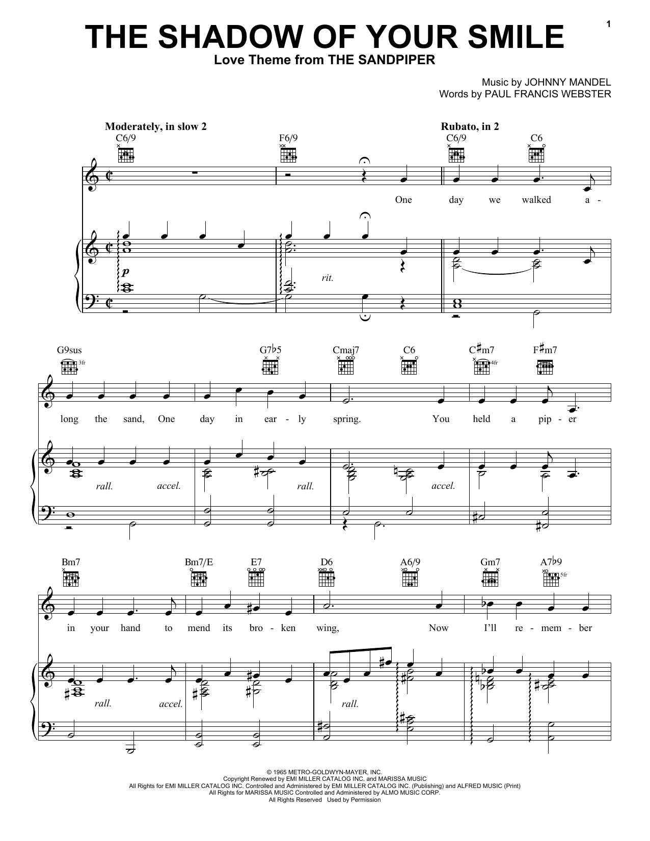 Tony Bennett The Shadow Of Your Smile sheet music notes and chords arranged for Piano, Vocal & Guitar Chords (Right-Hand Melody)