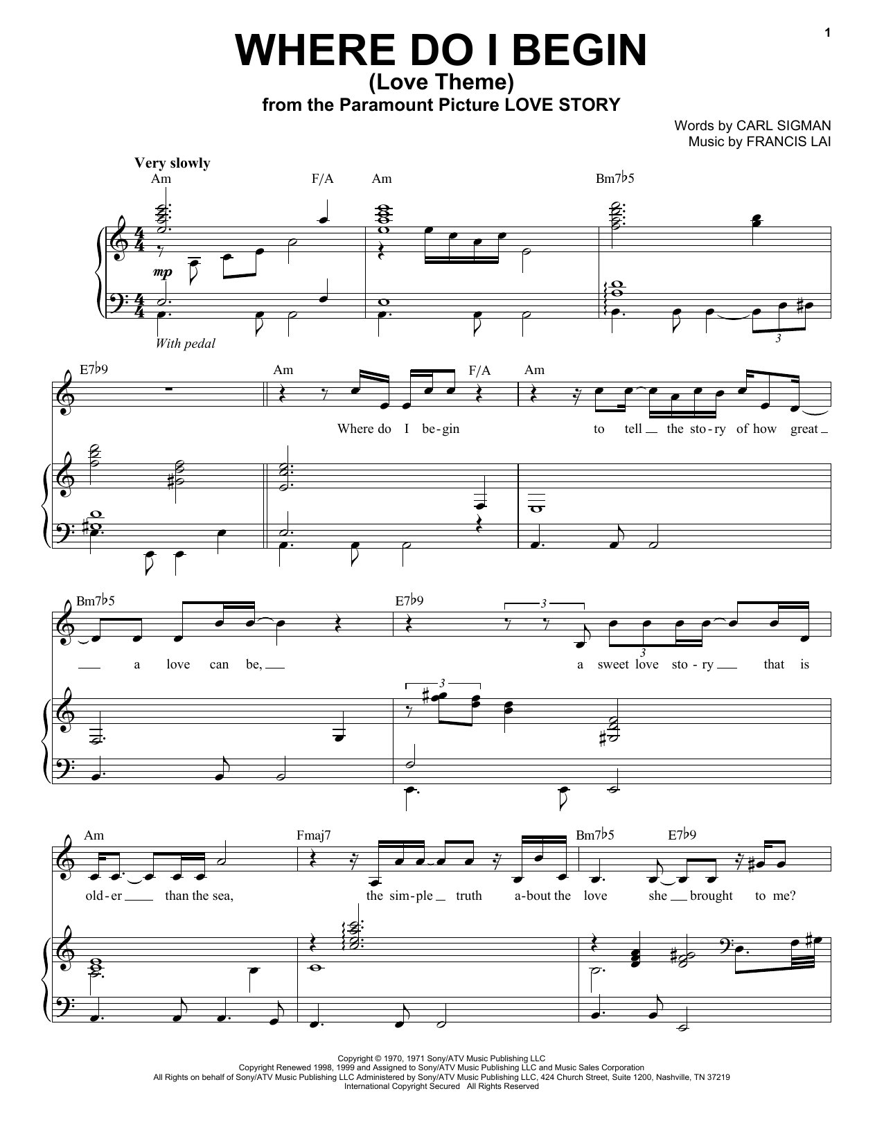 Tony Bennett Where Do I Begin (Love Theme) sheet music notes and chords arranged for Piano & Vocal