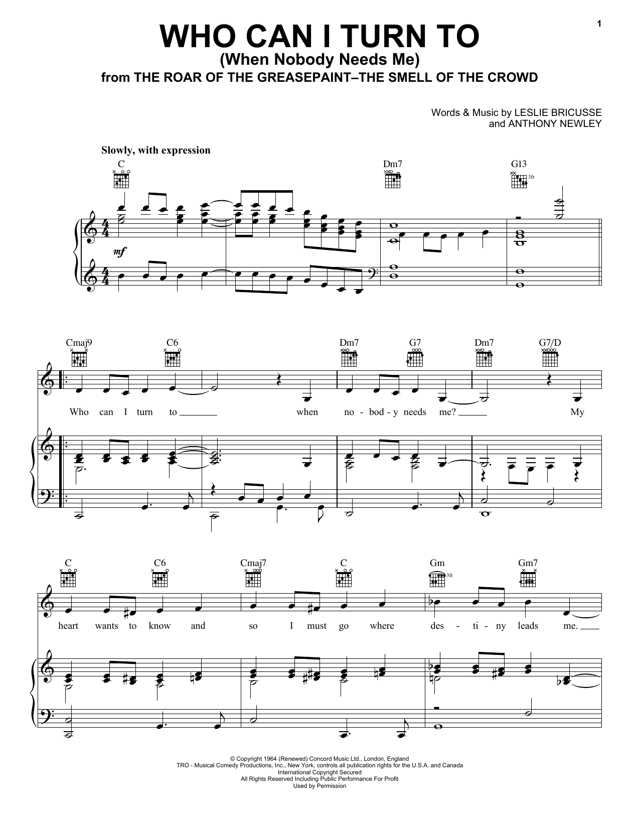 Tony Bennett Who Can I Turn To (When Nobody Needs Me) sheet music notes and chords arranged for Piano, Vocal & Guitar Chords